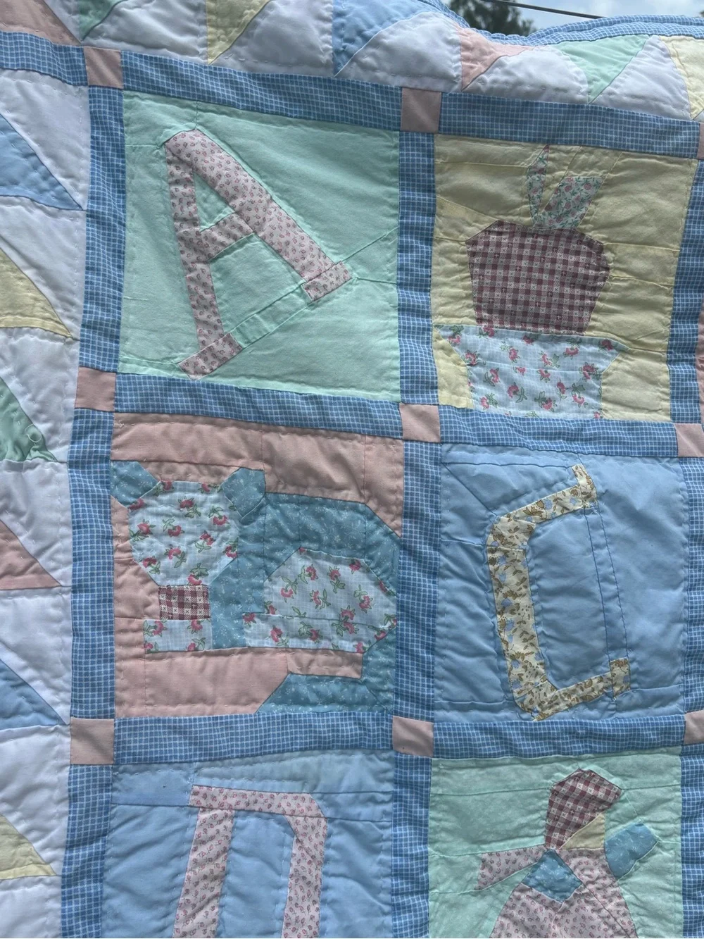 Handmade Pastel Alphabet Baby Quilt - Blue, Pink, Mint, Cream